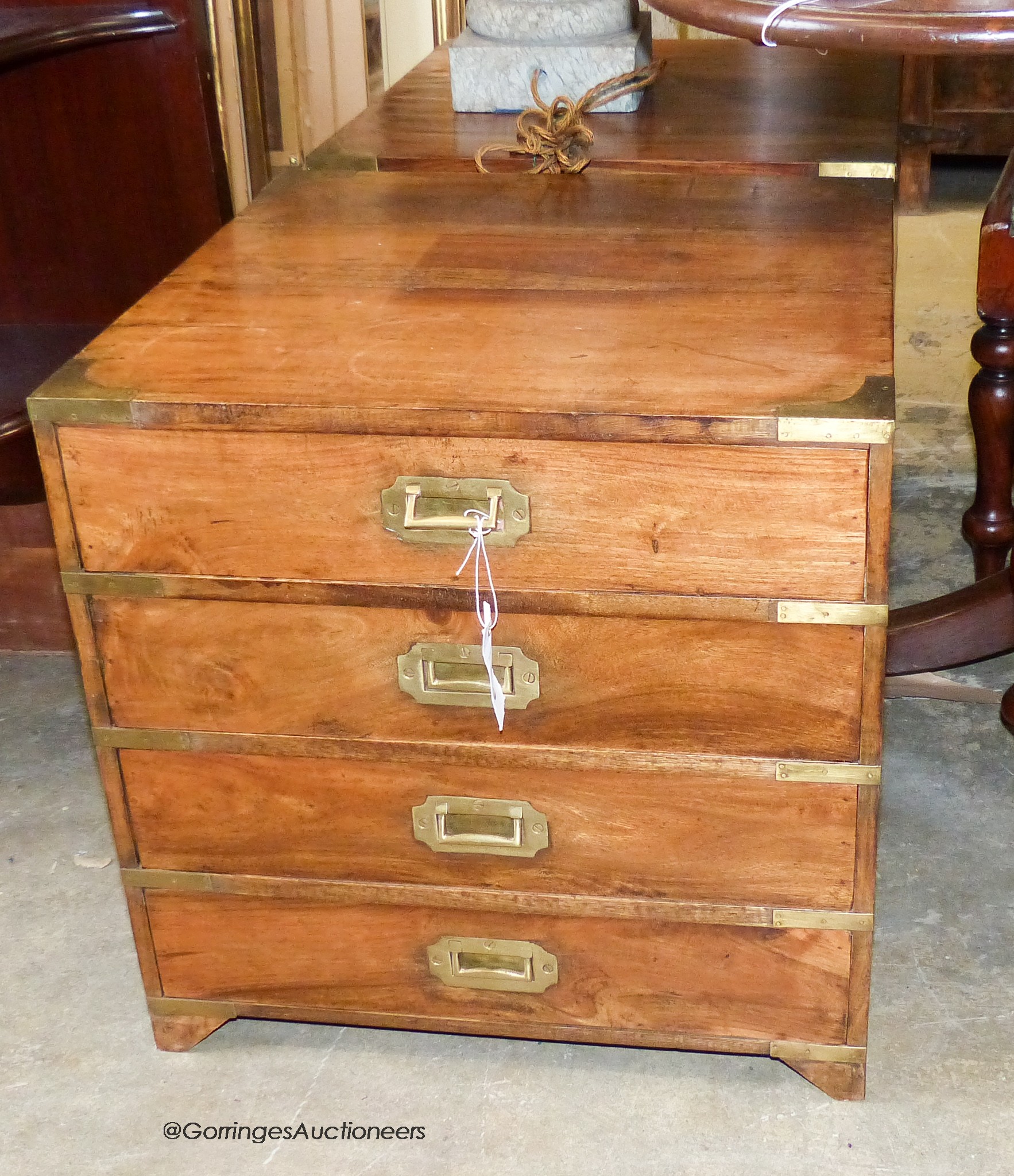 A pair of brass mounted campaign style four drawer low chests W-50, D-50, H-50cm.